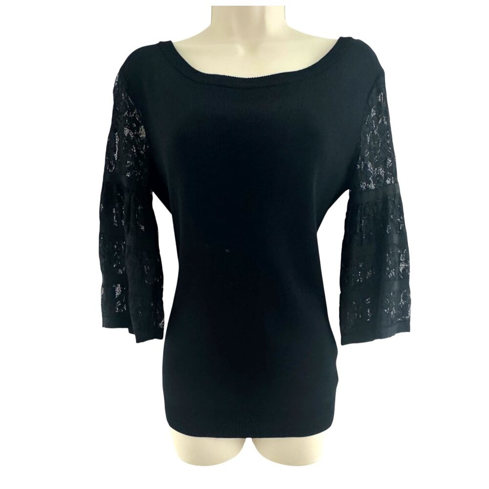 Boston Proper Black Scoop Neck Lace Bell Sleeve Knit Top‎ Shirt Blouse Size XS